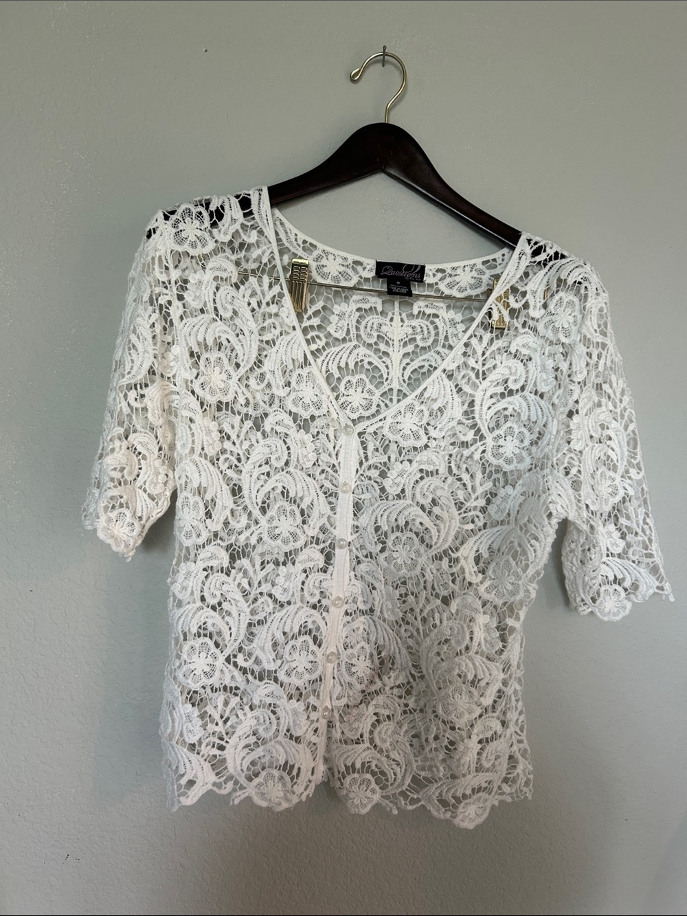 White Sheer Lace V-Neck Short Sleeve Top
